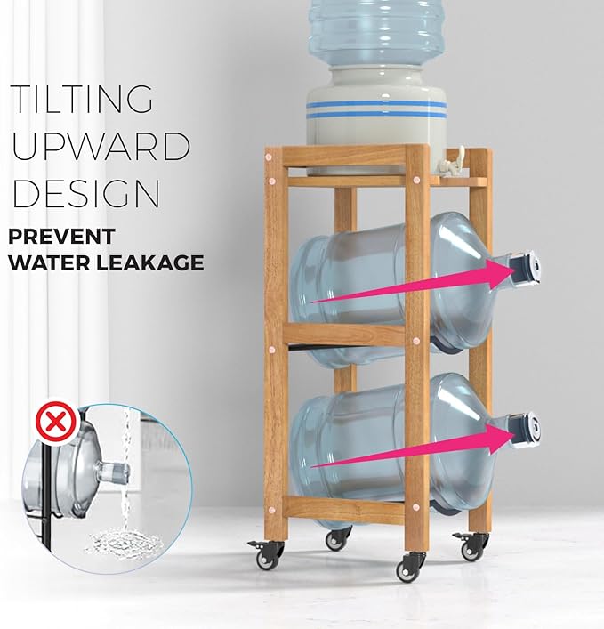 3-Tier 5 Gallon Water Jug Holder with Top Shelf – 4 Metal Wheels or Adjustable Feet – Natural Hardwood Water Dispenser Floor Stand – Wooden Organizer for Kitchen, Office, Garage – Space-Saving Design