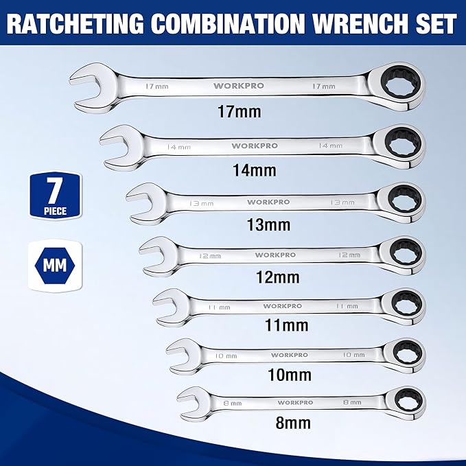 WORKPRO Ratcheting Wrench Set, Metric, 7-piece Ratcheting Combination Wrench Set, 8mm, 10mm, 11mm, 12mm, 13mm, 14mm, 17mm, 12-Point, CR-V Steel, with Organizer Rack