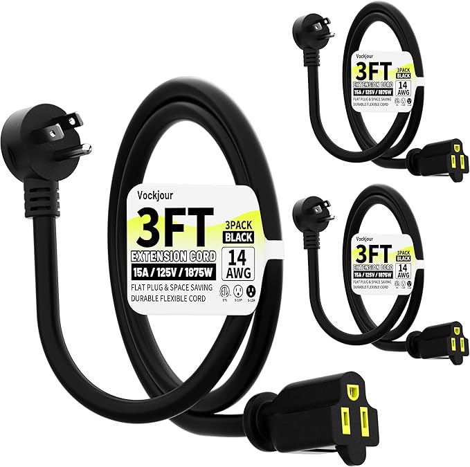 Vockjour 3 FT 3 Pack Black Low Profile Flat Plug 14 Gauge Heavy Duty Extension Cord, 14AWG 3-Wire Grounded Appliance Extension Cord, 15A/125V/1875W SJTW ETL Listed Power Cord