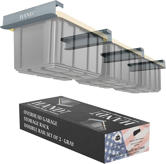 HANDT Overhead Garage Storage Rack, Connectable Heavy Duty Metal Ceiling Rails For Garage Storage Organization Shelving System, Hanging Racks For Tote Containers, Supports Up To 3 Bins, 2 Sets Gray