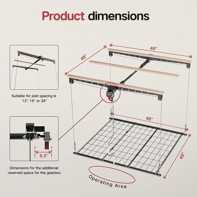 Overhead Garage Storage Lift, 4x4 Ft Ceiling Storage, Heavy-duty Ceiling Mounted Lift System,Ideal for Overhead Space, 250lbs Weight Capacity