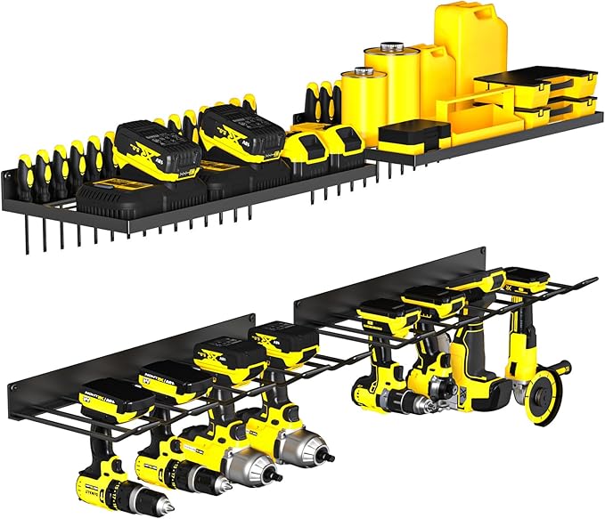 MOOMSINE Power Tool Organizer Wall Mount, Heavy Duty Tool Organizers and Storage, Cordless Drill Holder and Battery Shelf, Metal Storage Rack for Garage Organization (Drill 2 racks & 2 shelves)