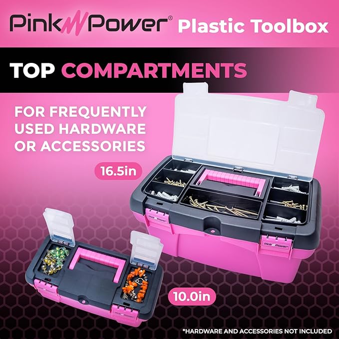 Pink Tool Box for Women - Sewing, Art & Craft Organizer Small & Large Plastic Tool Box with Handle - Pink Toolbox Sewing Tool Storage Box - Portable Mini Locking Tool Boxes (2 Pack)