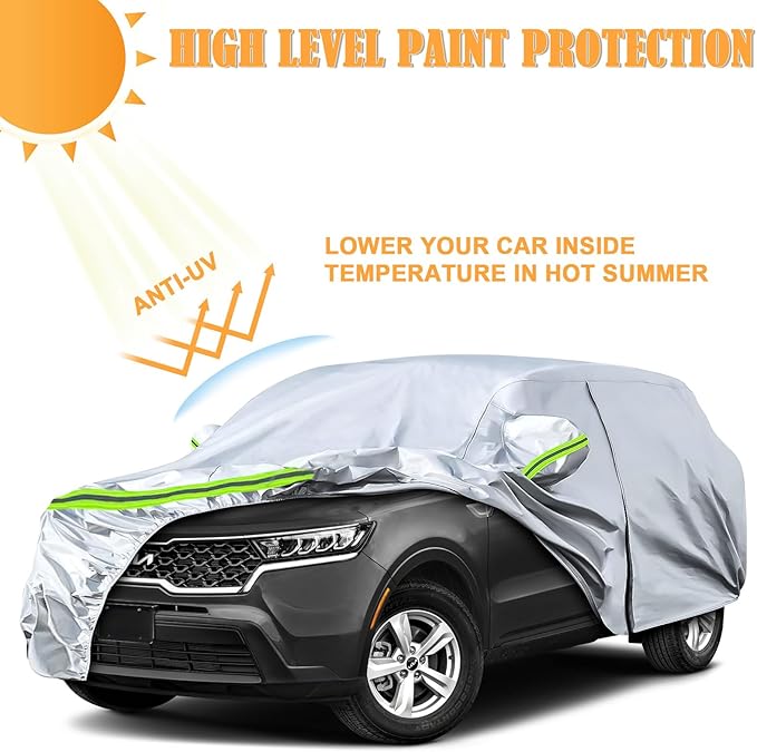 Waterproof Car Covers Replace for 2009-2025 Kia Sorento, 6 Layers Silver All Weather Car Cover with Zipper Door & Windproof Bands for Snow Rain Dust Protection