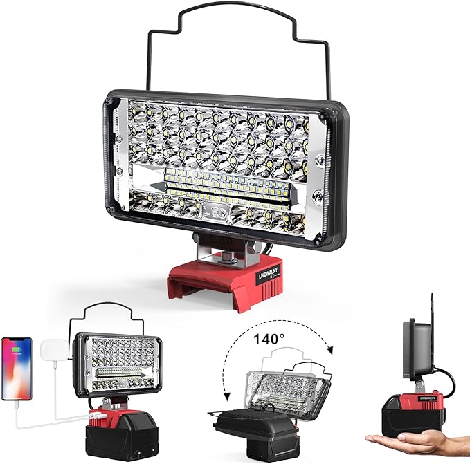 LIVOWALNY LED Work Lights Compatible with Milwaukee 18V Battery, 148W 14800LM 7" Flood Light Portable with USB & Type-C Charging Port & Low Voltage Protection 140° Pivoting Head, Battery Not Included