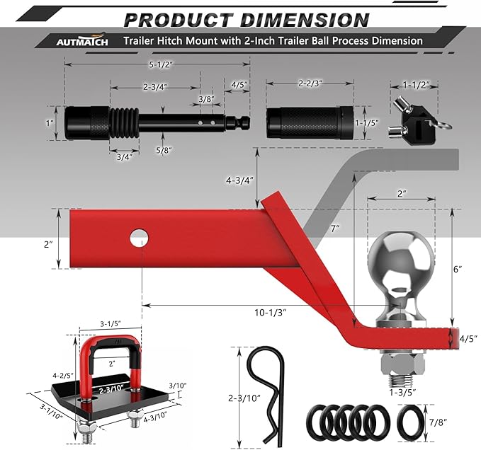 AUTMATCH Trailer Hitch Ball Mount with 2 Inch Hitch Ball - Fits 2" Receiver with Hitch Tightener, 8000Lbs Capacity Ball Hitch, 6-Inch Drop with 5/8" Hitch Lock Pin, Red
