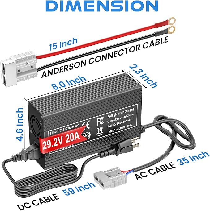 29.2V 20A Lithium Battery Charger, LiFePO4 Battery Charger AC-DC Smart Charger with Anderson Connector LED Indicator Special for 24V/25.6V Deep Cycle Rechargeable Batteries of Car, Truck, Boat, RV