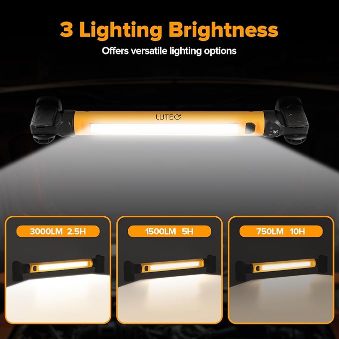LUTEC 3000LM LED Work Light, 5200mAh Rechargeable Magnetic Under Hood Work Light Bar with Hooks, Cordless Portable Mechanic Light for Car Repairing/Inspection/Garage/Emergency-Yellow