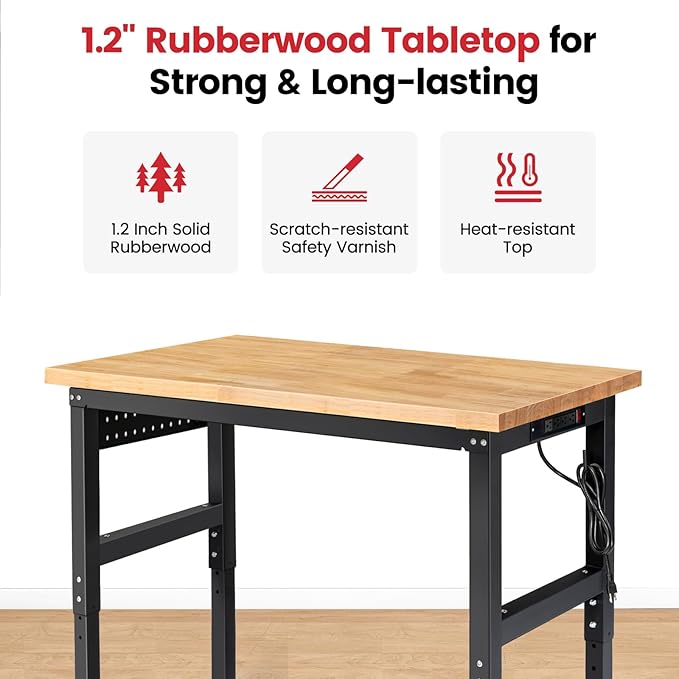 ENJOYWOOD 48" x 20" Garage Workbench Adjustable Height Work Table with Pegboard Heavy Duty Rubberwood Top Work Bench for Workshop, Office & Home