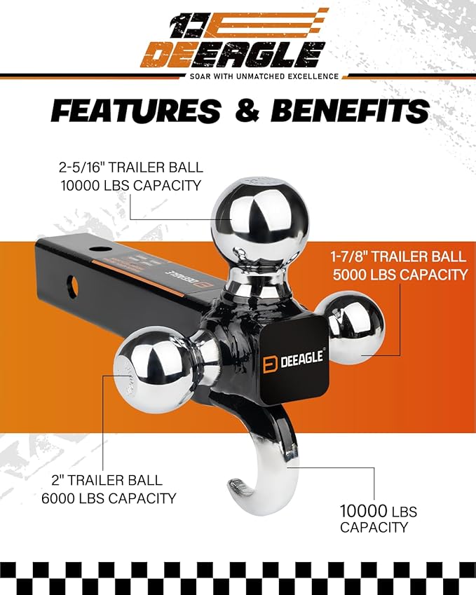 DEEAGLE 3 Ball Hitch with Hook, Tri Ball Hitch with 3.5” Hitch Pin Lock, 1-7/8", 2" and 2-5/16" Ball, Fit 2” Hitch Receiver, Heavy Duty Trailer Hitch, Include Pin Lock