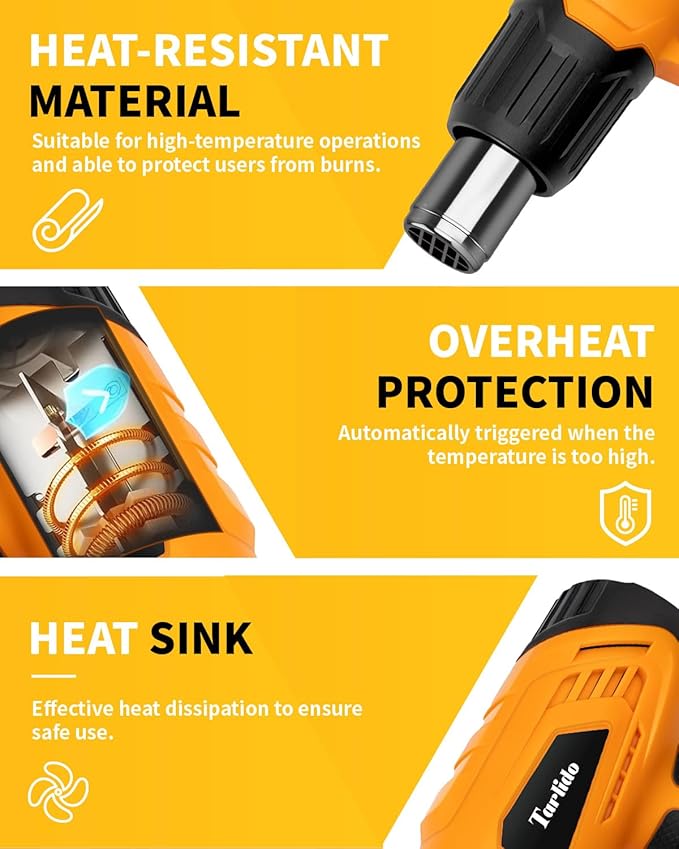 Tarlido Heat Gun 1500W 120°F-1020°F(50°C-550°C) Fast Heating Heavy Duty Hot Air Gun Kit Variable Temperature Control Overheat Protection with 4 Nozzles for Crafts, Shrinking Pvc, StrippingPaint