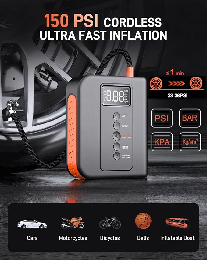 Battery Jump Starter with Air Compressor for Car, 10000mAh Portable Power Pack 150PSI Tire Inflotor, USB Charge, LED Light, for All Gas and Up to 8L Diesel Engines Jumper Box