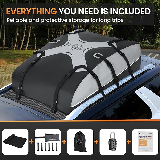 Sailnovo Rooftop Cargo Carrier Car Roof Bag 21 Cubic,Waterproof Cargo Roof Bag for Most Vehicles with/Without Roof Rack with Strap, Anti-Slip Mat,6 Door Hooks(Classic Gray-Black)