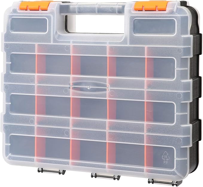 Mayouko Double Side Tools Organizer, Customizable Removable Plastic Dividers, Hardware Box Storage, Excellent for Screws,Nuts,Small Parts, 34-Compartment, Black/Orange,12.6"L x 10.6"W x 3.2"H