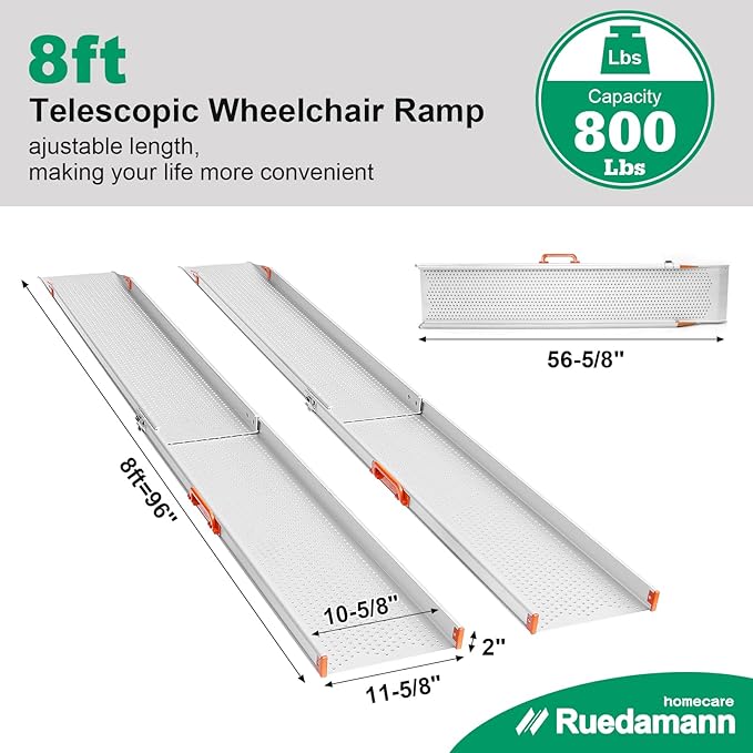 Ruedamann 8FT Surprisingly Sturdy Telescopic Scooter Ramp for Van 11-5/8" Wider per ramp, Super Portable ramp, 800 lbs Capacity ramp for Wheelchair for Home Steps for Electric Wheelchairs, Ebikes