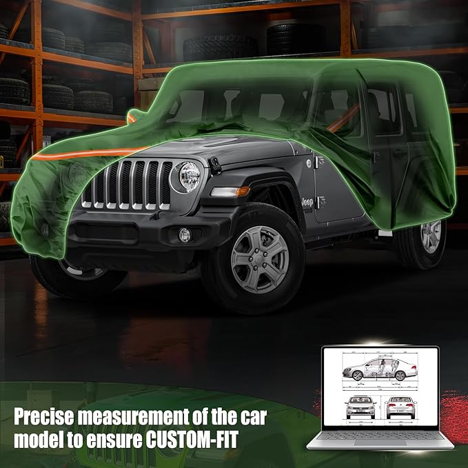 Waterproof Car Covers Replace for 2007-2025 Jeep Wrangler 4 Door, Multilayer Heavy Duty with Cotton Liner All Weather Car Cover with Zipper Door, Windproof Bands for Snow Rain Dust Protection