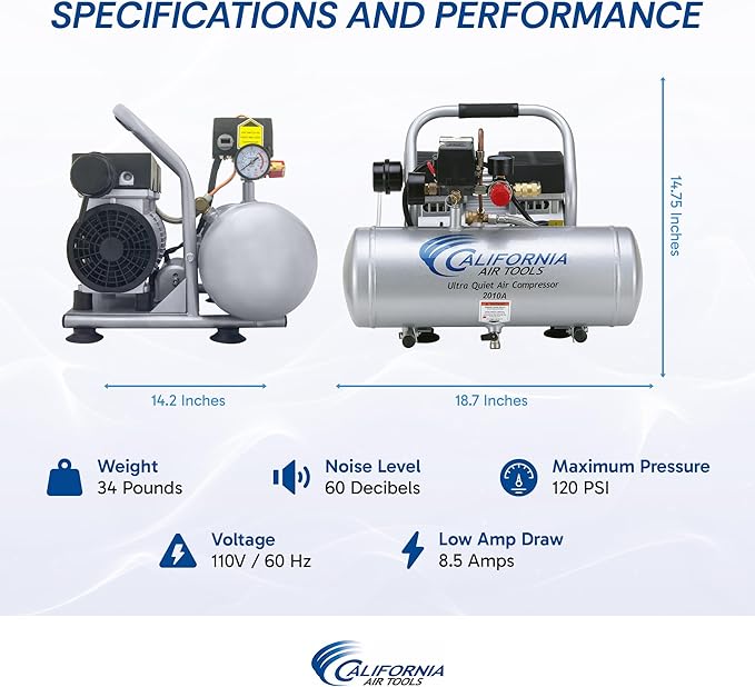 California Air Tools 2010A 1.0 HP Ultra Quiet and Oil-Free Air Compressor, 2 Gallon Aluminum Tank, 60 dBA Noise Level, Silver