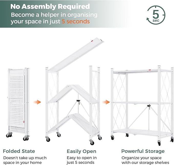 DEANIC 3 Tier Foldable Storage Shelves with Wheels, Large Capacity Shelving Unit, Freestanding Metal Wire Shelf Rack, No Assembly Organizer Rack for Garage Kitchen, Basement, Pantry(White Pack of 2)