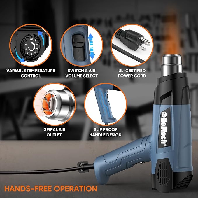 ROMECH 1500W Heavy Duty Heat Gun with 4 Nozzles + 350W Heat Gun with 2 Nozzles