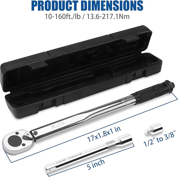 XJX 1/2-Inch Drive Click Torque Wrench Set, 10-160FT-LB/13.6-217.1Nm Torque Wrench