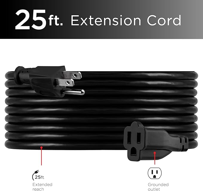 UltraPro Outdoor Extension Cord, 25 Ft, Heavy Duty, UL Certified 3 Prong, 16 AWG 3-Wire, Multipurpose Long, 1 Pack, Black, 69275