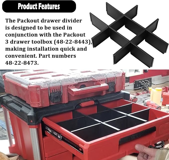 48-22-8473 Packout Dividers For Milwau-kee Packout 3 Drawer Dividers Tool Box (Black-2 Pack)