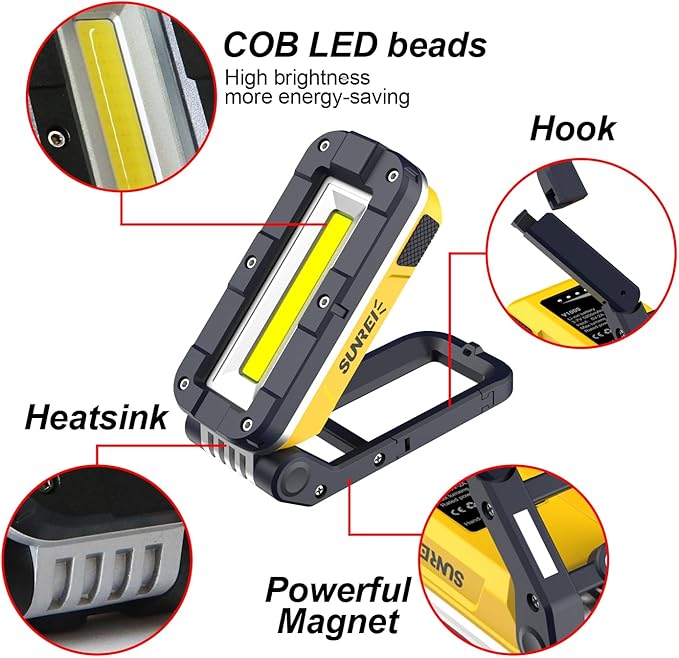 SUNREI LED Rechargeable Magnetic Work Lights COB Mechanic Lights,1200 Lumens, Magnetic Base & Hanging, 7Mode, Magnetic Flashlight Job Site & Security for Car Repair, Emergency, Gift for Men