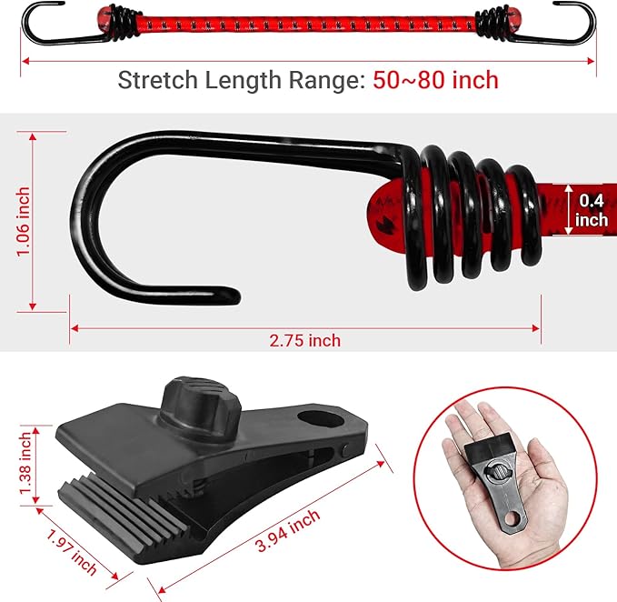 Hlogree 2PCS Car Cover Gust Straps Wind Protector,Bungee Cords Hook Clips Kit Hold Tarp Tie Down from Blowing Off in High Winds-Universal Fit for Most Cars,Sedans,SUVs,Trucks,Vans and More-Red