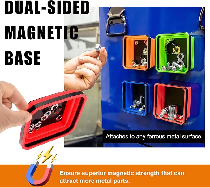 Collapsible Magnetic Parts Tray, 4.5 Inch Foldable Magnetic Square Silicone Tray, Tool Tray Set with Double-Sided Magnetic Base for Screw Bolts Nuts Pins, Car Accessories (Red)