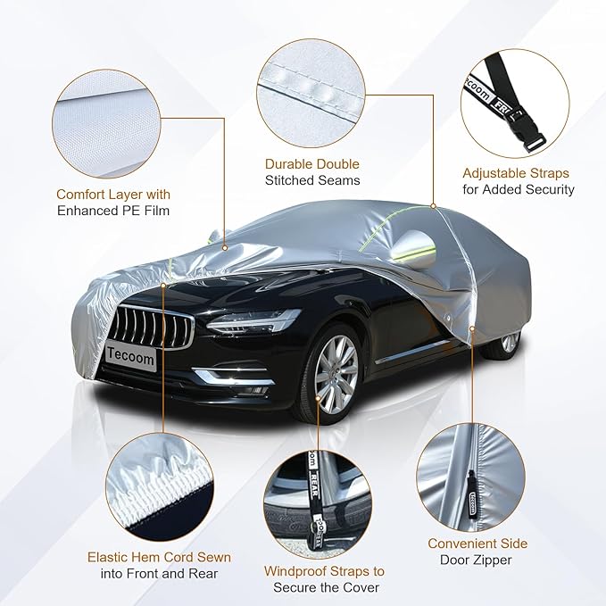 Tecoom Car Cover for Automobiles Waterproof, Windproof Sun Rain Snow Protection Fit for Tesla Model 3 Toyota Corolla 2000-2023 Honda Civic 1991-2023, Kia Stinger/Forte, Full Covers Sedan 191-200"