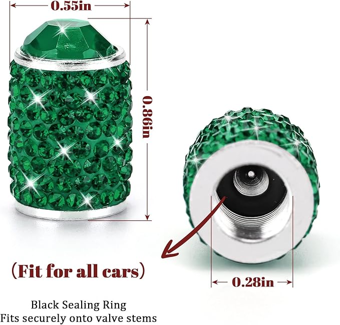 ToBeQueen Bling Tire Valve Caps, 4 Pack Handmade Crystal Rhinestone Diamond Tire Caps Universal Dustprood Bling Green Car Accessories for Car/SUV/Motorcycle/Bike(Green)