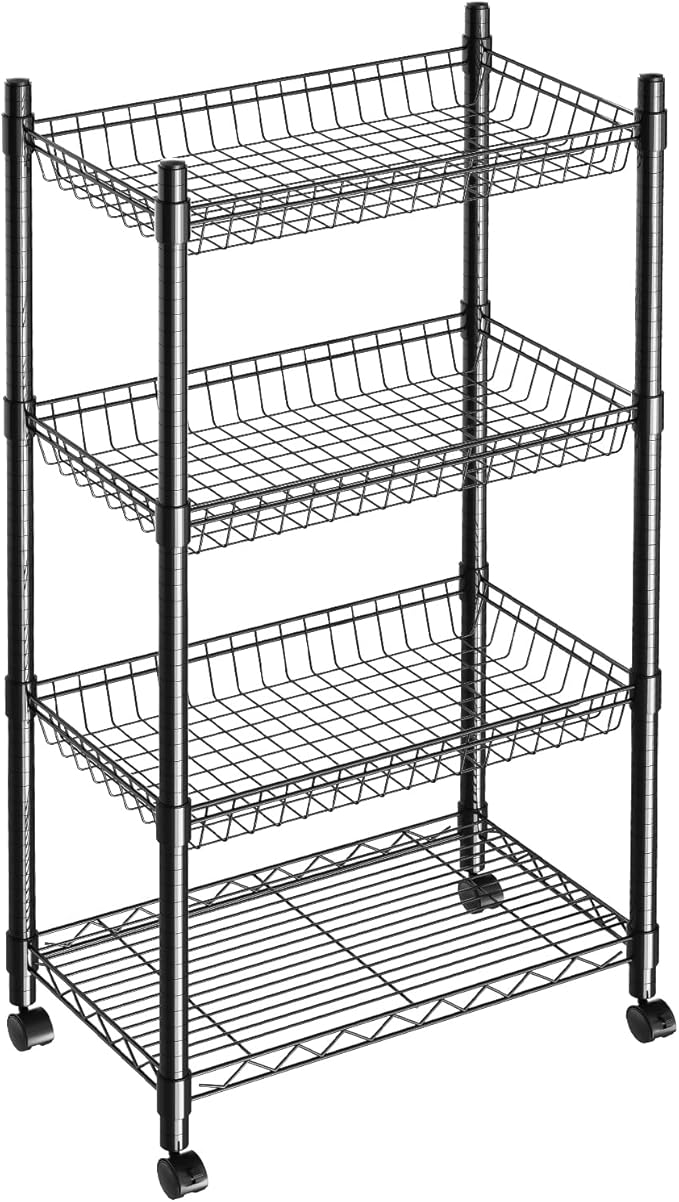 Guan River 4 Tier Wire Shelving Wire Basket Shelf Storage Cart Adjustable Metal Shelf 2 Bottoms for Choose(Castor or Leveling Feet) for Office,Kitchen,Bedroom,Black(23.23" L x 13.11" W x 49.21" H)