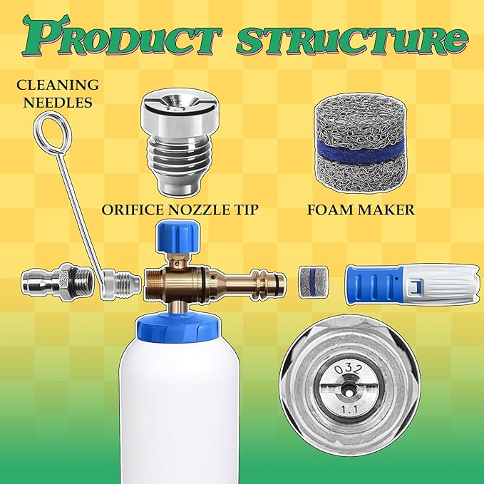 3 Pieces 1.1 mm Orifice Foam Cannon Nozzle and Foam Maker Meshes Kit for Foam Cannon Replacement Thread Nozzle Tips and Mesh Filter, with Cleaning Tools, 3000PSI