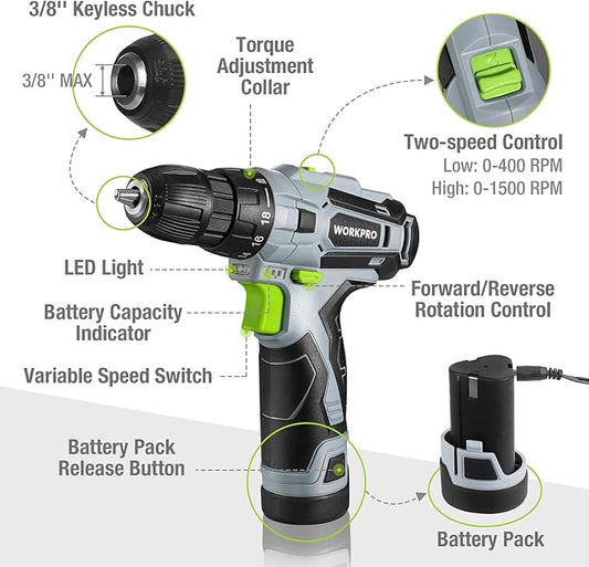 WORKPRO 12V Cordless Drill Driver and Home Tool Kit, Hand Tool Set for DIY, Home Maintenance, 14-inch Storage Bag Included