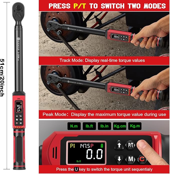 1/2-inch Drive Digital Torque Wrench(2.2-147.5Ft.Lb/3-200N.m), ±1% Accuracy Digital Torque Wrench with Buzzer and LED Alarm,9 Preset Mode and Four Units of Measure for Car, Moto and Bike, DIY