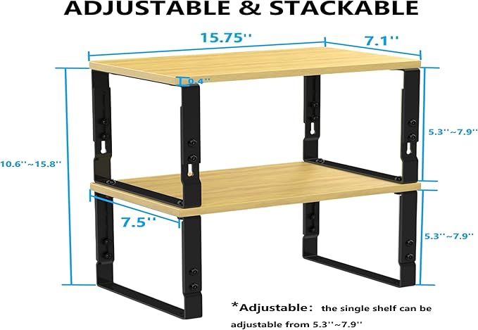 Kitchen Cabinet Organization Shelf，Set of 2 Height Adjustable Storage Racks，Stackable，Expandable，Countertop Shelves Organizer，Pantry Shelving(2PACKS/Large/Black)
