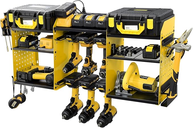 3 layers power tool organizer Loads 150lbs with 6 Cordless Drill Holder and 6 Outlet Power Strip,it’s good choice for husband birthday gift,yellow