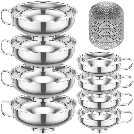 12-Piece Stainless Steel Canning Funnel Set with Strainers, Wide Mouth Mason Jar Funnels Bulk Pack, Metal Funnels for Filling Bottles, Canning Supplies for Preserving
