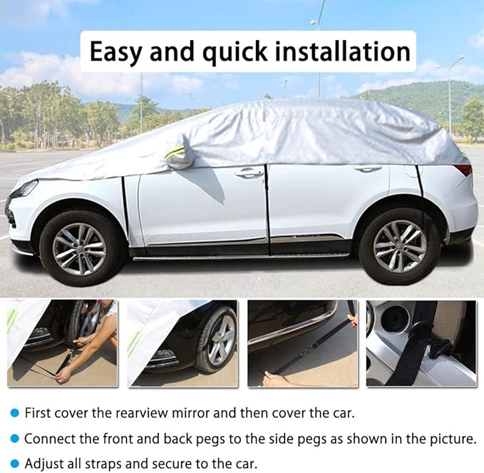 Half Car Cover with Cotton All Weather Car Body Cover Sunshade Cover Snow Cover Waterproof Snowproof Universal (Fit Hatchback Length 158'' to 173'')