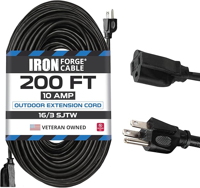 Iron Forge Cable 200 Ft Black Extension Cord, 16/3, 200 Foot Extension Cord, 3 Prong, Weatherproof - Great for Outside Use