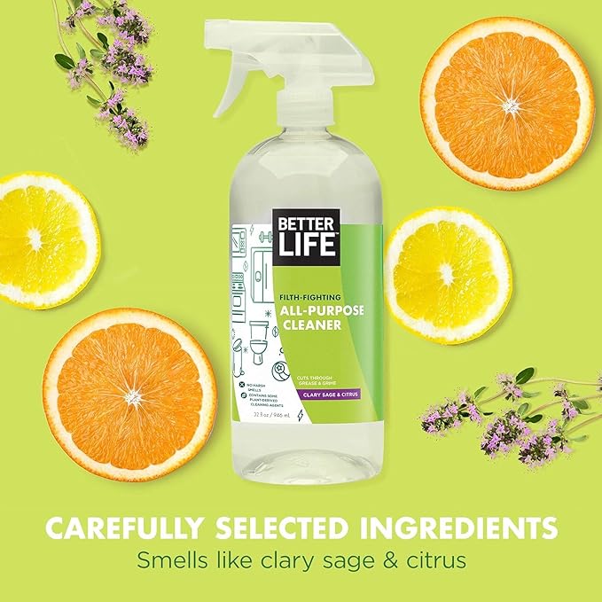 Better Life All Purpose Cleaner - Multipurpose Home and Kitchen Cleaning Spray for Glass, Countertops, Appliances, Upholstery & More - Multi-surface Spray Cleaner - 32oz Clary Sage & Citrus
