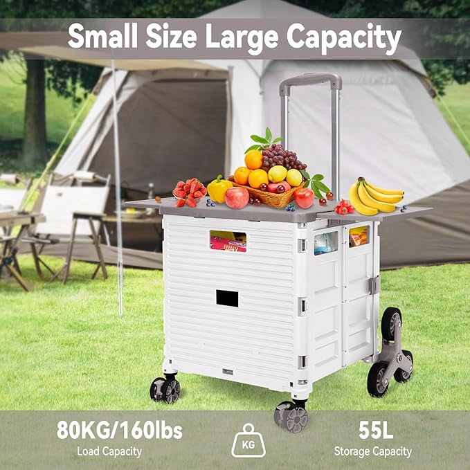 Foldable Utility Cart with Stair Climbing Wheels,Collapsible Rolling Crate with Magnetic Lid Telescopic Cover,Adjustable Telescoping Handle,360° Rotate Wheel Hand Cart for Teacher Shopping Moving