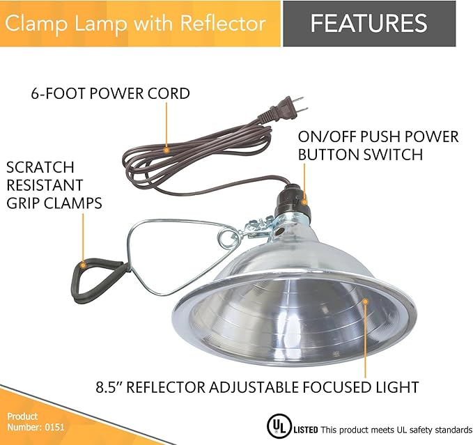 Woods Clamp Lamp Light with Aluminum Reflector; 150W; UL Listed; 6- Foot Cord