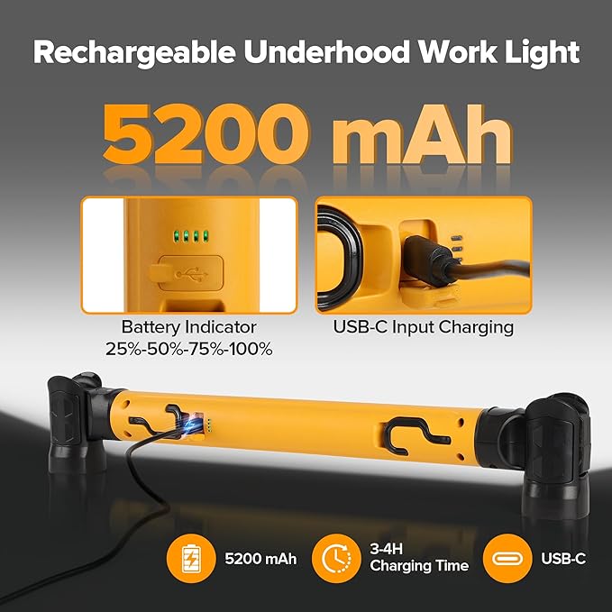 LUTEC 3000LM LED Work Light, 5200mAh Rechargeable Magnetic Under Hood Work Light Bar with Hooks, Cordless Portable Mechanic Light for Car Repairing/Inspection/Garage/Emergency-Yellow