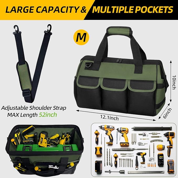 NECKORY Tool Bag, Portable Tool Box Organizer Adjustable Shoulder Strap, Carry Tool Tote Heavy Duty Tool Storage Bag With Wide Mouth,Tool Bags for Men Mechanic EngineerGift - M, Army Green & Black