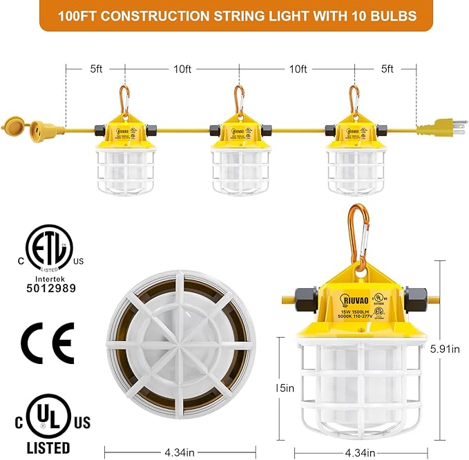 100ft LED Construction String Lights, 150W 15000LM Super Bright LED String Work Light, Construction Temporary Lights apply to Renovation, Courtyard, Jobsite, and All Outdoor Lighting (100ft-10lights)