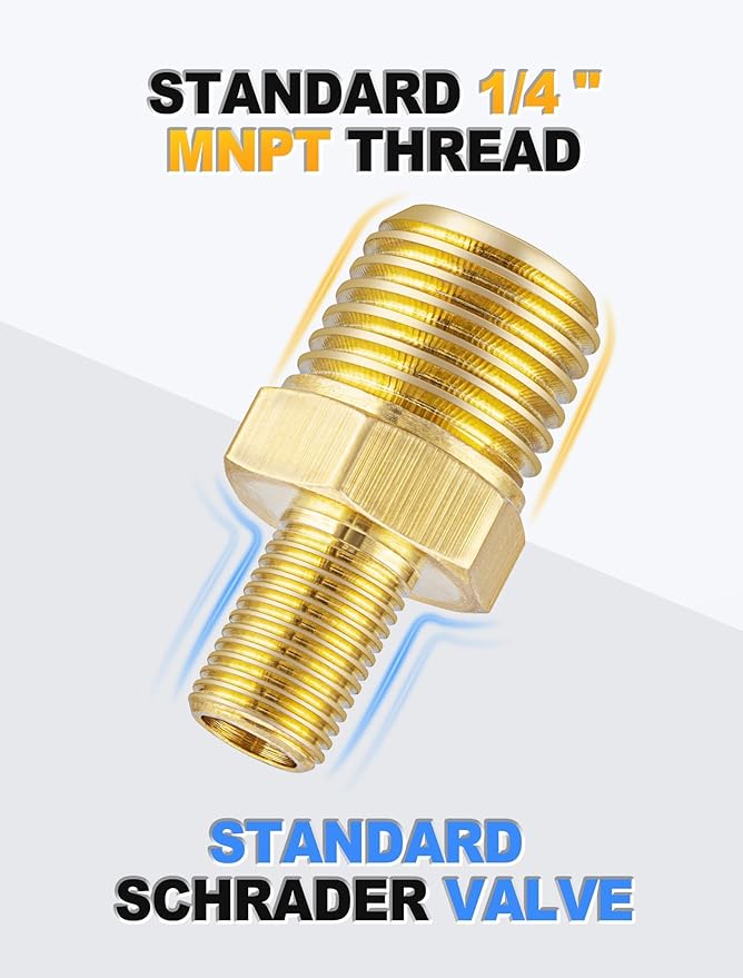 EVOULTES Brass Air Inflator Adapter, 1/4" NPT (M) to Standard Schrader Valve (M), Tire Inflator Connector for Auto Portable Air Compressor/Pump, Air Hose, Air Chuck (2 Packs)