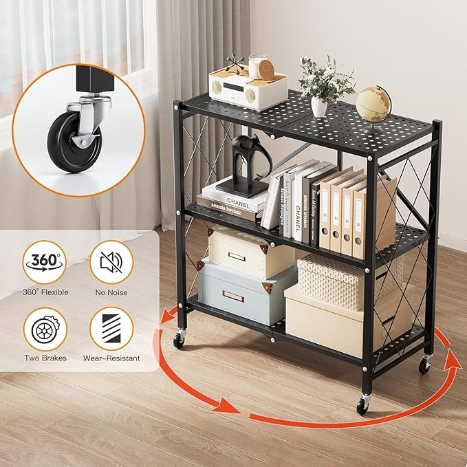 YSSOA 3-Tier Foldable Metal Rack, 27.95" D x 13.39" W x 33.85" H Storage Shelving Unit with Wheels Moving Organizer Shelves for Garage Kitchen, Black