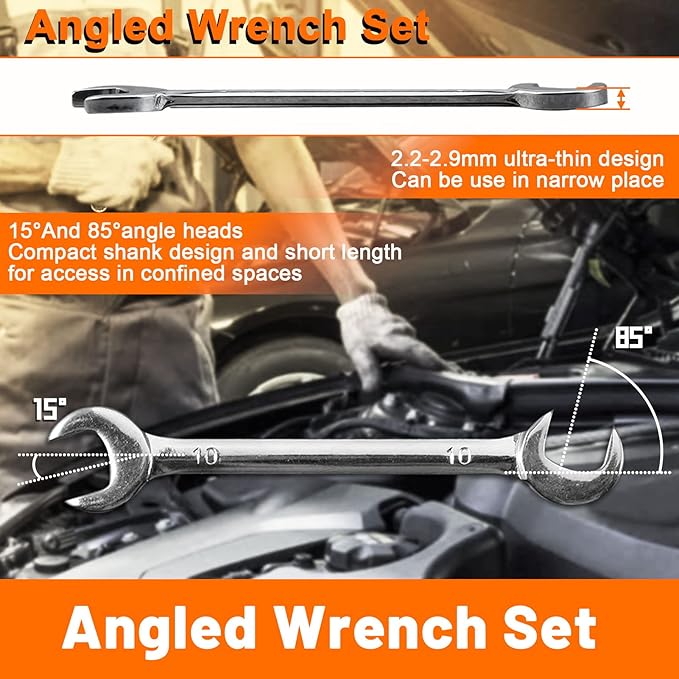 SPEEDWOX Mini Double Open End Wrench Set, 10-Piece Metric & SAE, Super-Thin Angled Heads, Made of Premium Carbon Steel, Includes Storage Pouch
