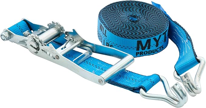 Mytee Products (10 Pack 2 Inch x 27 FT Blue Ratchet Strap with J Hooks - 10,000 Lbs Breaking Strength - Heavy Duty Tie Down Cargo Truck Straps with Wire Hooks for Flatbed, Truck, Trailers Pickup